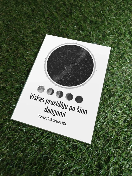 Personalizuotas žvaigždžių žemėlapis, stiklinis posteris, su mėnulio fazėmis ir kompasu  Stiklas -  dovanokis.lt