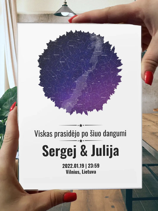 Personalizuotas žvaigždžių žemėlapis, stiklinis posteris, su formos pasirinkimu ir dangaus fonu  Stiklas -  dovanokis.lt