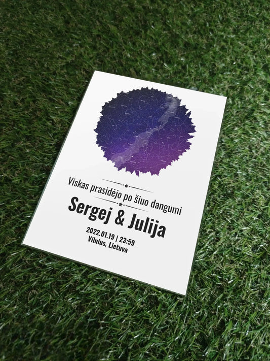 Personalizuotas žvaigždžių žemėlapis, stiklinis posteris, su formos pasirinkimu ir dangaus fonu  Stiklas -  dovanokis.lt