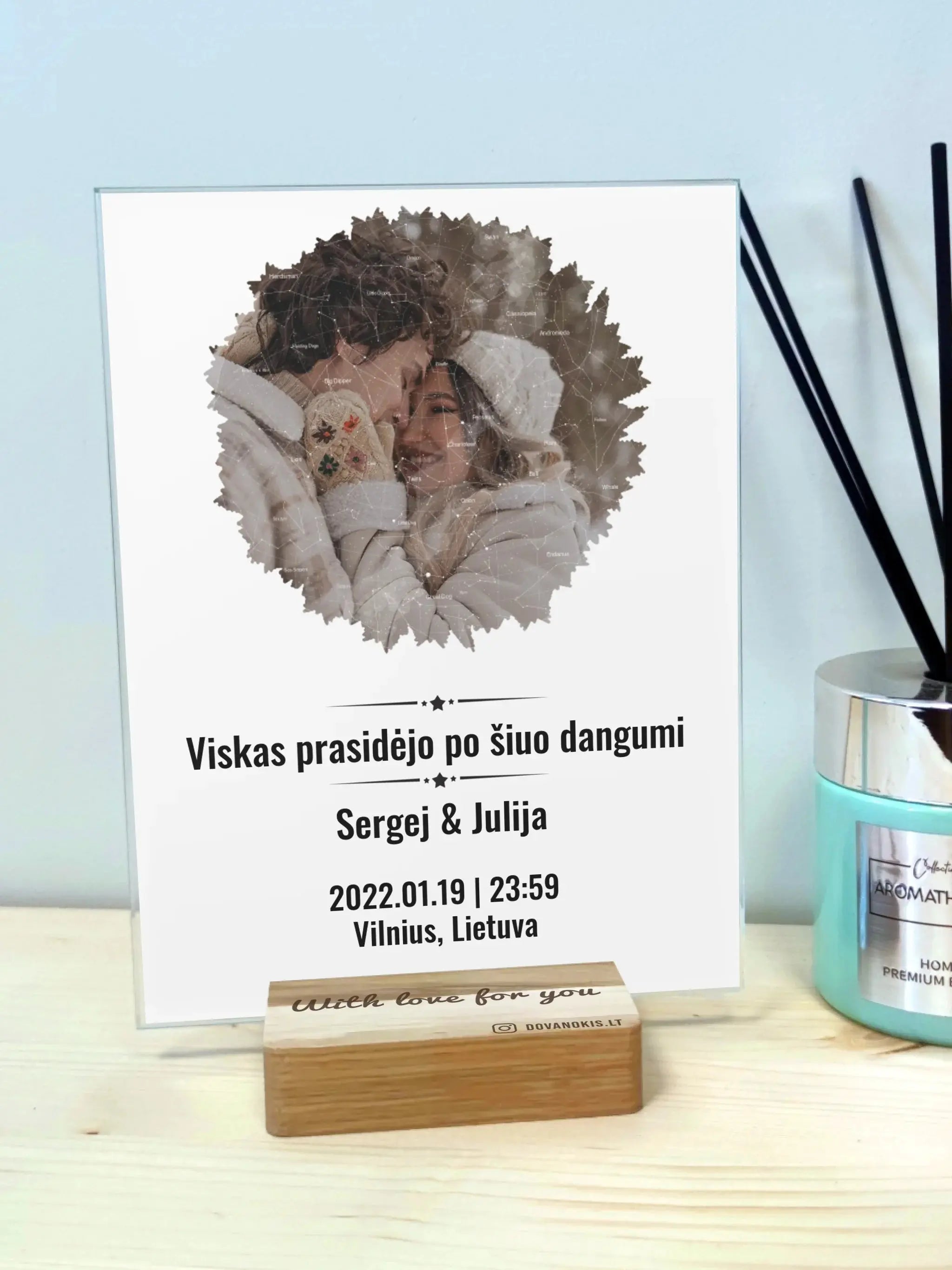 Personalizuotas žvaigždžių žemėlapis, stiklinis posteris, su formos pasirinkimu ir jūsų nuotrauka  Stiklas -  dovanokis.lt