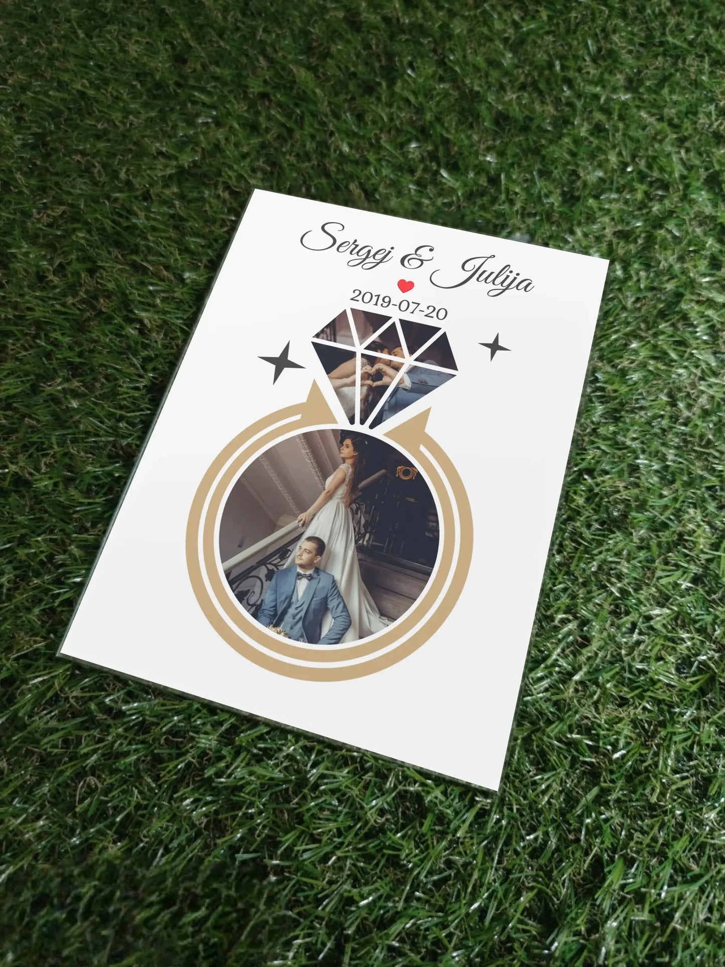 Personalizuotas deimanto formos vestuvių stiklinis posteris su Jūsų nuotraukomis  Stiklas -  dovanokis.lt