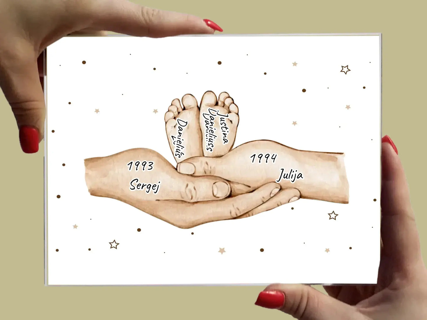 Personalizuotas stiklinis posteris su šeimos narių rankomis, 1-3 vaikai SMRN-004 - dovanokis.lt