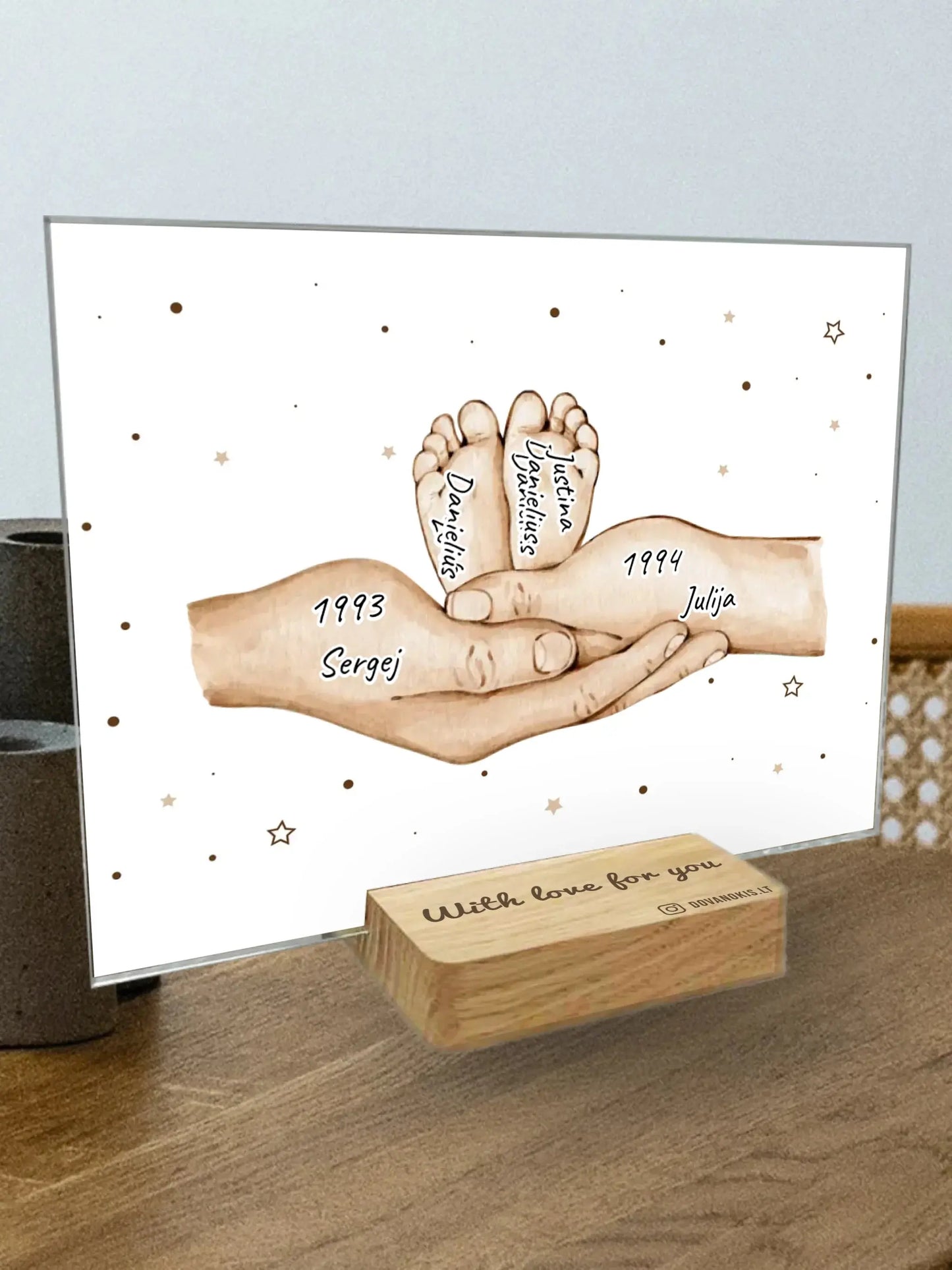 Personalizuotas stiklinis posteris su šeimos narių rankomis, 1-3 vaikai SMRN-004 - dovanokis.lt