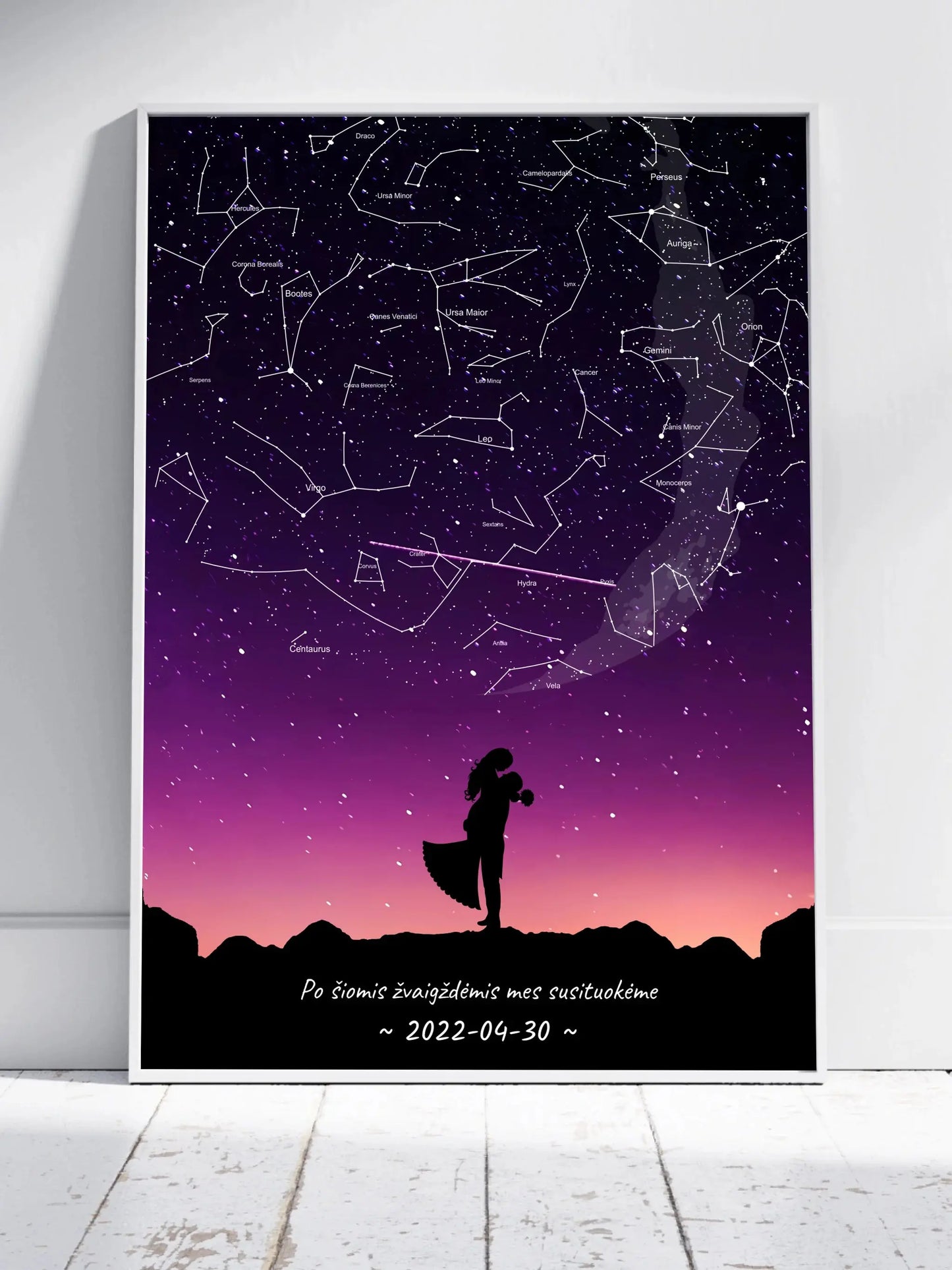 Personalizuotas viso spektro žvaigždžių žemėlapis, plakatas su rėmeliu, su Vestuvių dienos pasirinktu siluetu  Poster -  dovanokis.lt