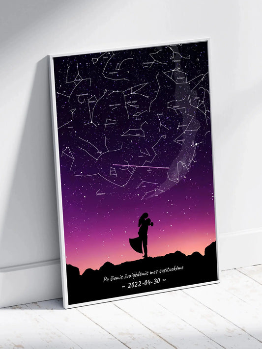 Personalizuotas viso spektro žvaigždžių žemėlapis, plakatas su rėmeliu, su Vestuvių dienos pasirinktu siluetu  Poster -  dovanokis.lt