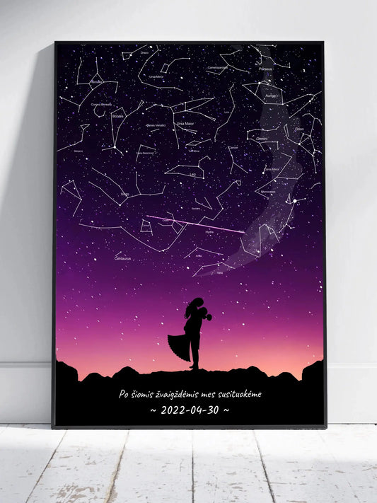 Personalizuotas viso spektro žvaigždžių žemėlapis, plakatas su rėmeliu, su Vestuvių dienos pasirinktu siluetu  Poster -  dovanokis.lt
