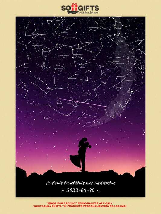 Personalizuotas viso spektro žvaigždžių žemėlapis, plakatas su rėmeliu, su Vestuvių dienos pasirinktu siluetu  Poster -  dovanokis.lt