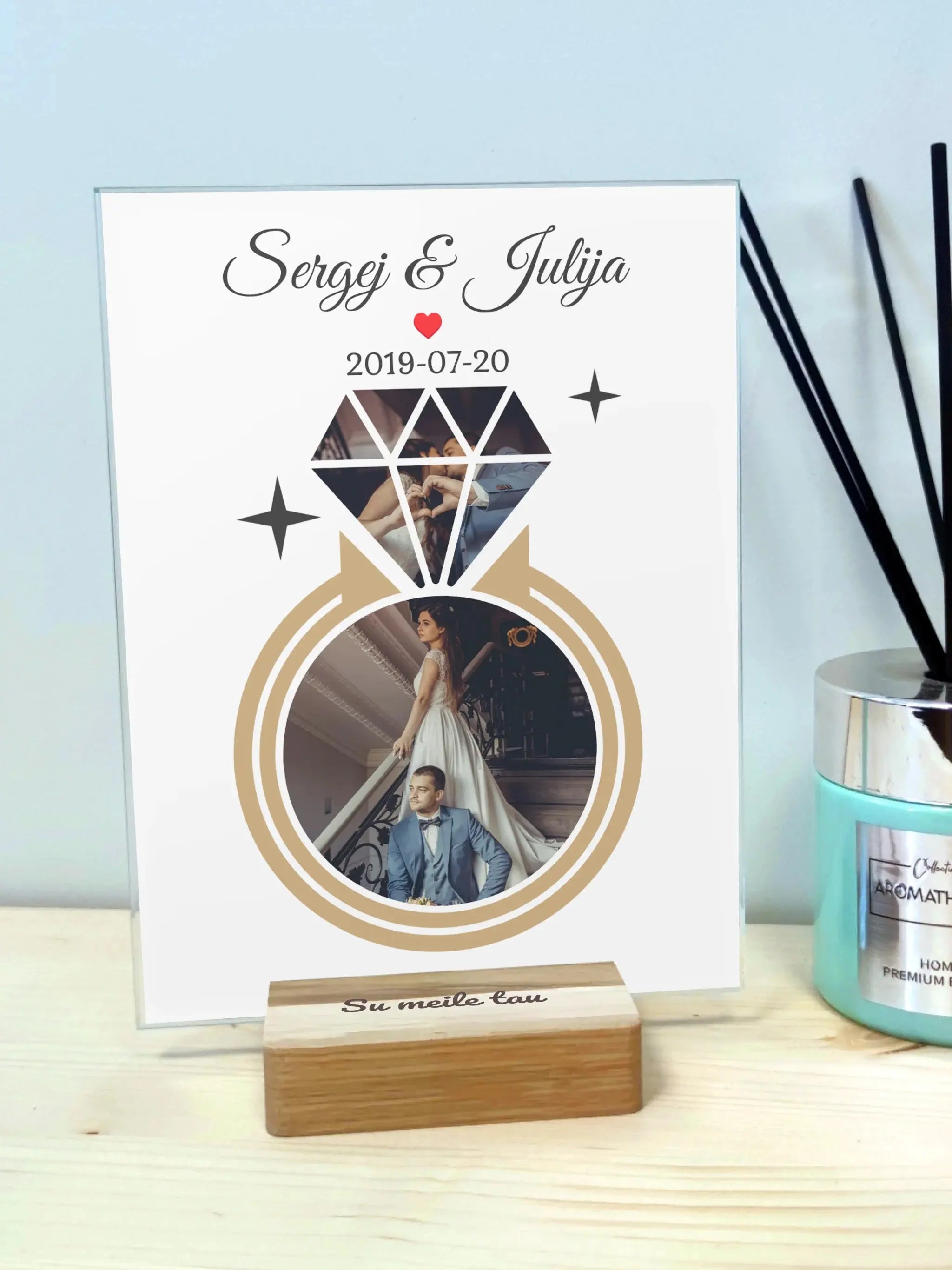 Personalizuotas deimanto formos vestuvių stiklinis posteris su Jūsų nuotraukomis  Stiklas -  dovanokis.lt