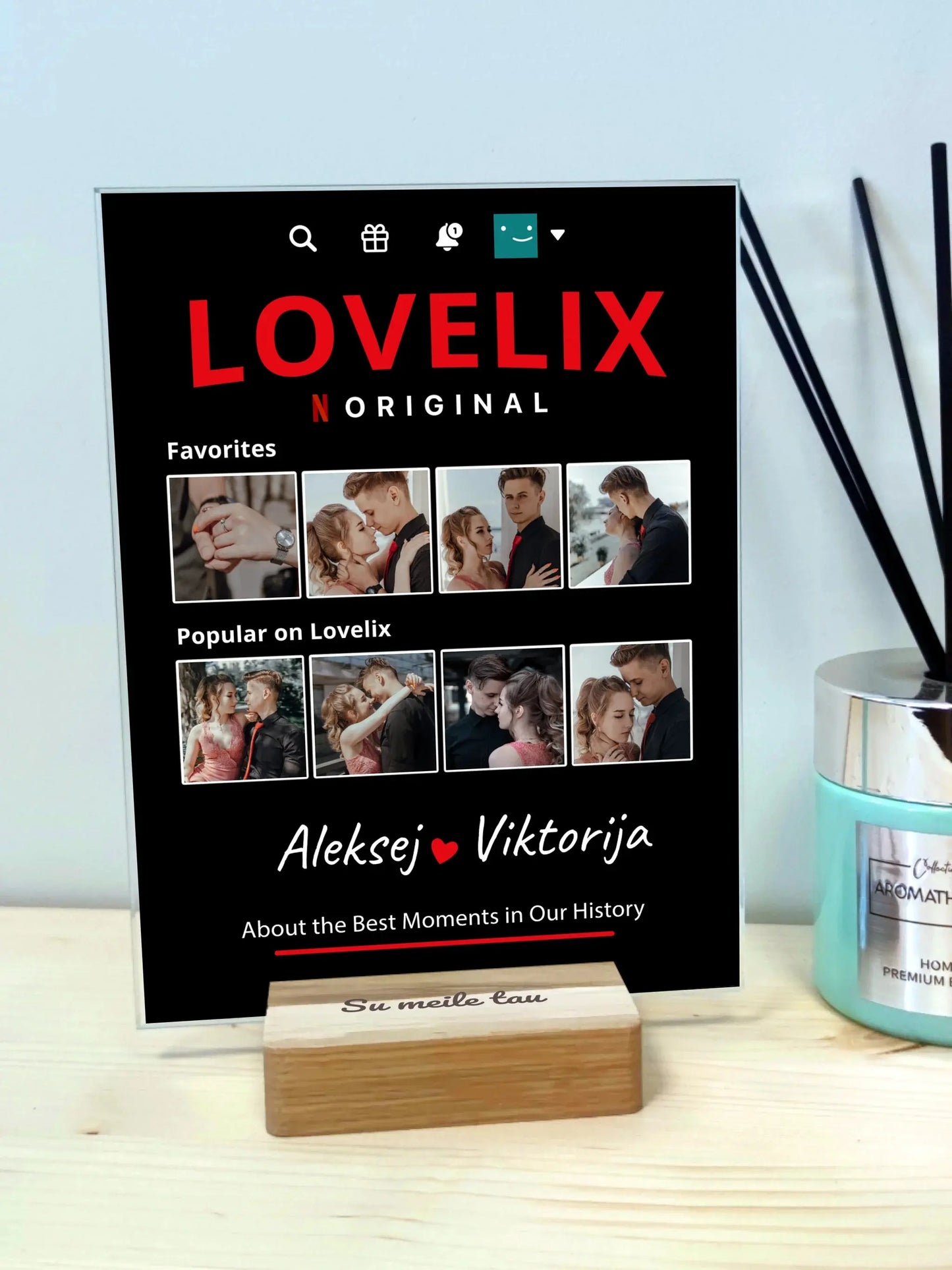 Personalizuotas "Lovelix" dizaino kūrinys ant stiklo su jūsų nuotraukomis ir vardais  Stiklas -  dovanokis.lt