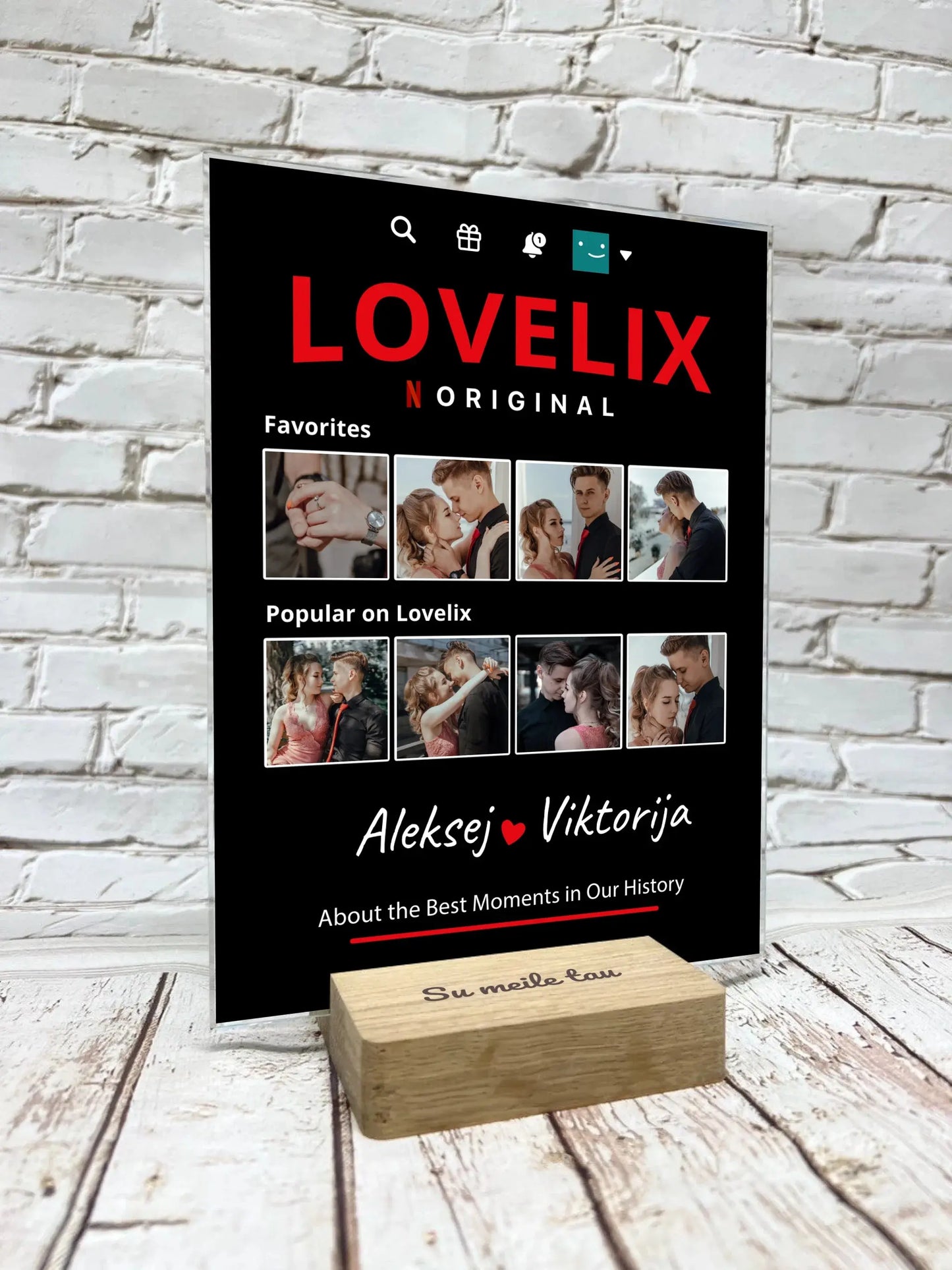 Personalizuotas "Lovelix" dizaino kūrinys ant stiklo su jūsų nuotraukomis ir vardais  Stiklas -  dovanokis.lt