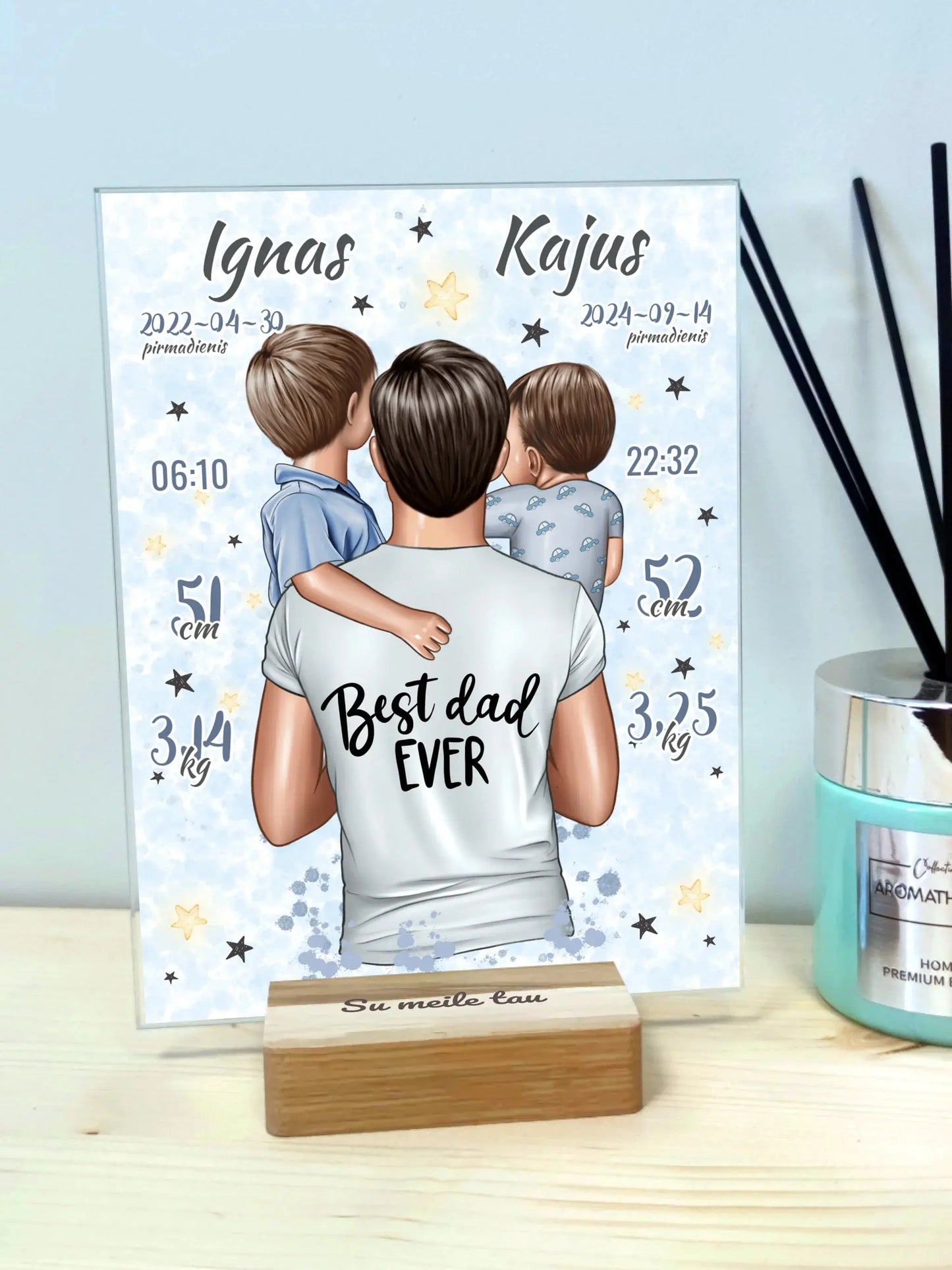 Personalizuota 2 Berniuku Gimimo Metrikų Iliustracija ant stiklo VKGM-049  Stiklas -  dovanokis.lt