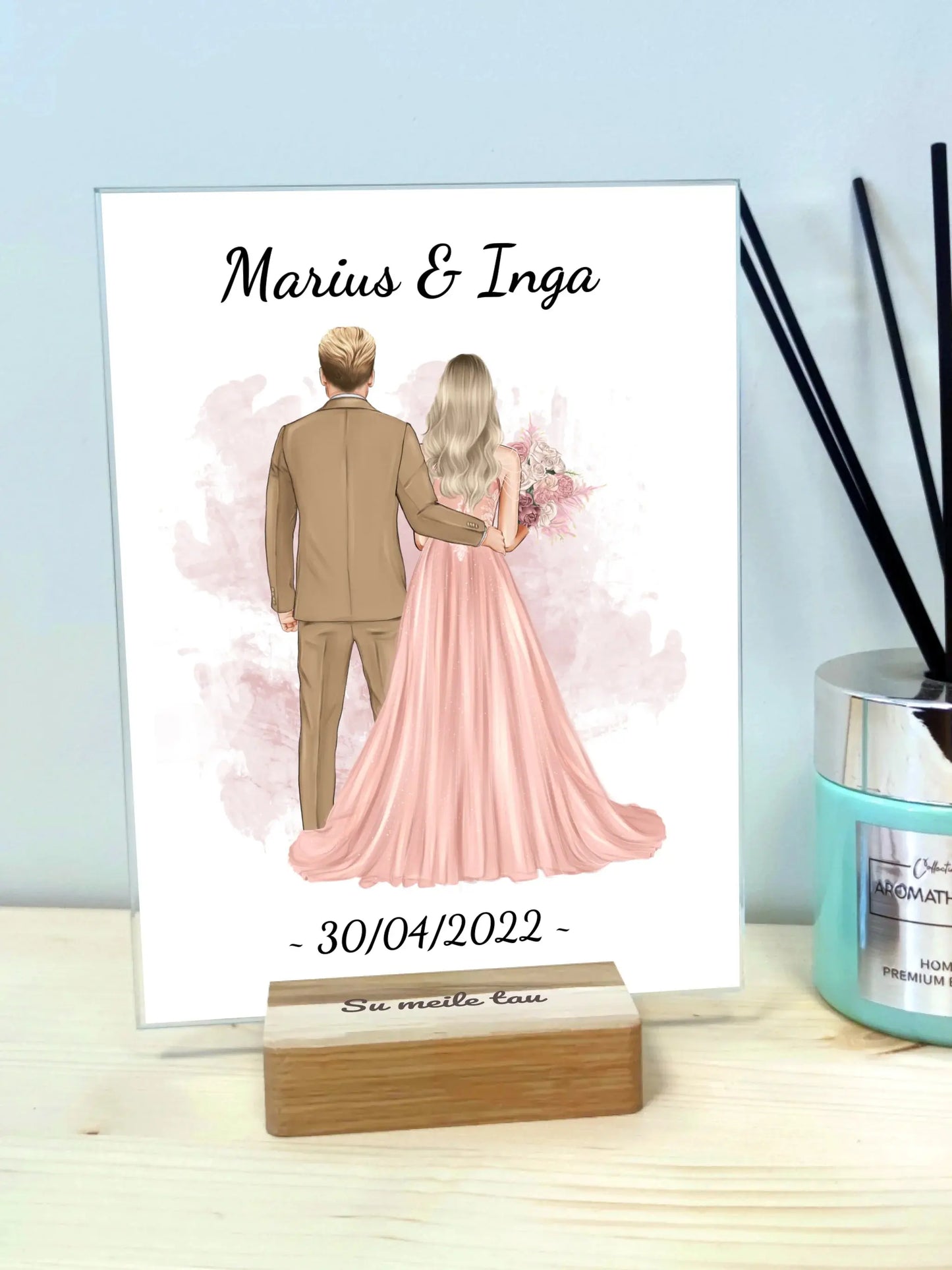 Personalizuotas jaunikio ir nuotakos vestuvių Iliustraciją ant stiklo su jūsų data ir vardais  Stiklas -  dovanokis.lt