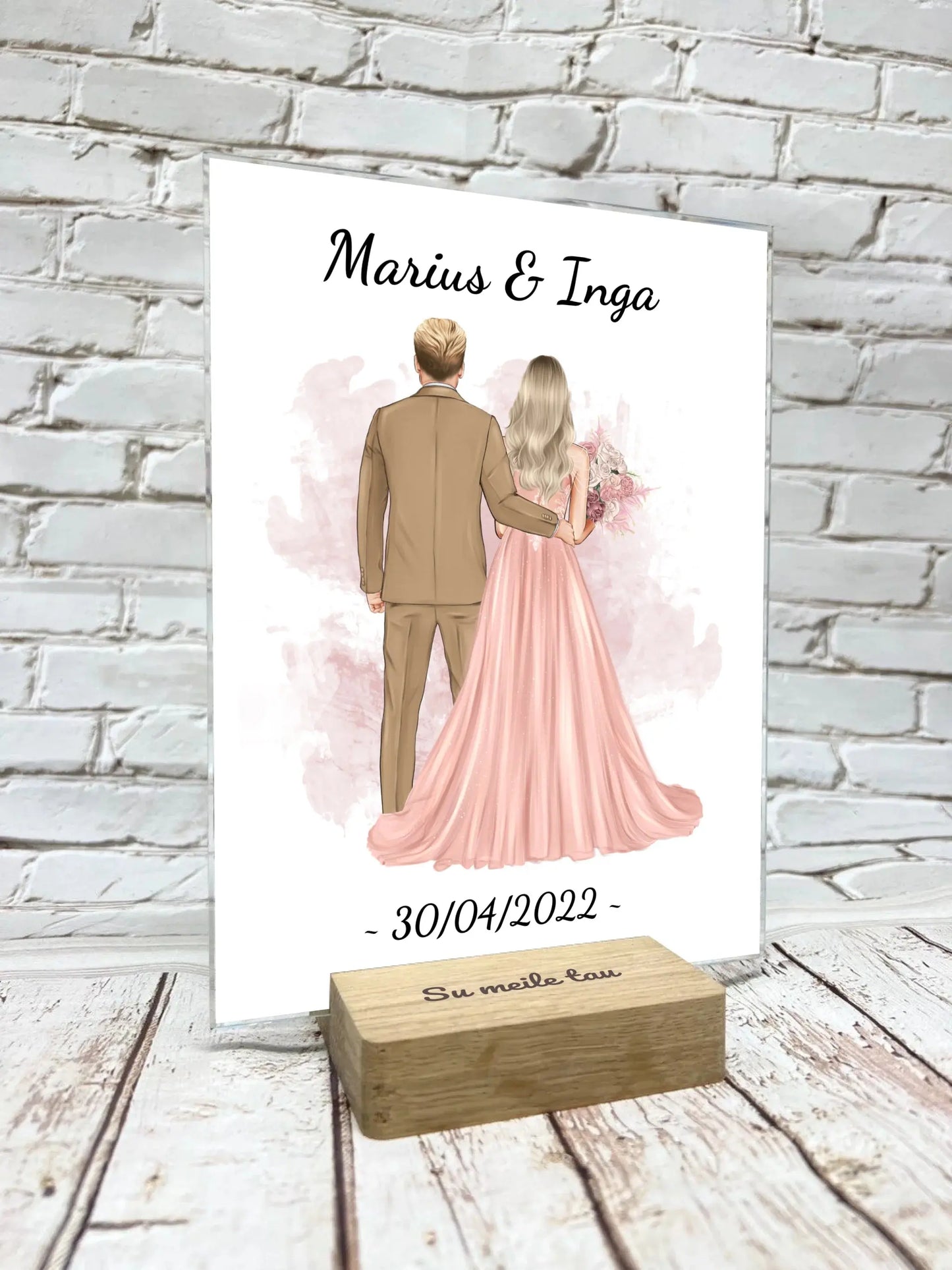 Personalizuotas jaunikio ir nuotakos vestuvių Iliustraciją ant stiklo su jūsų data ir vardais  Stiklas -  dovanokis.lt