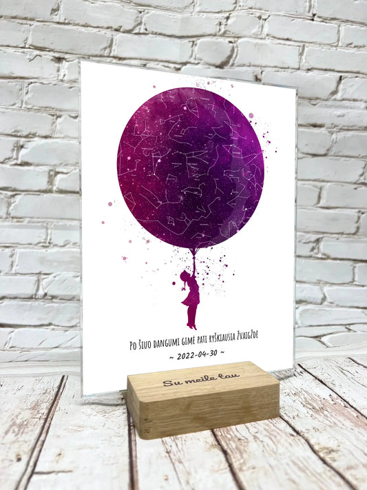 Personalizuotas vaikiškas žvaigždžių žemėlapis mergaitei 2, stiklinis posteris  Stiklas -  dovanokis.lt