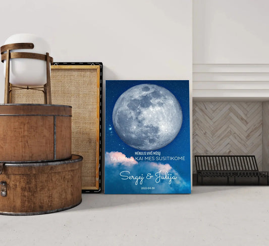 Personalizuotas mėnulio fazės spaudinys ant drobės, pritaikytas pagal datą ir vietą MNFZ-002  Drobe -  dovanokis.lt
