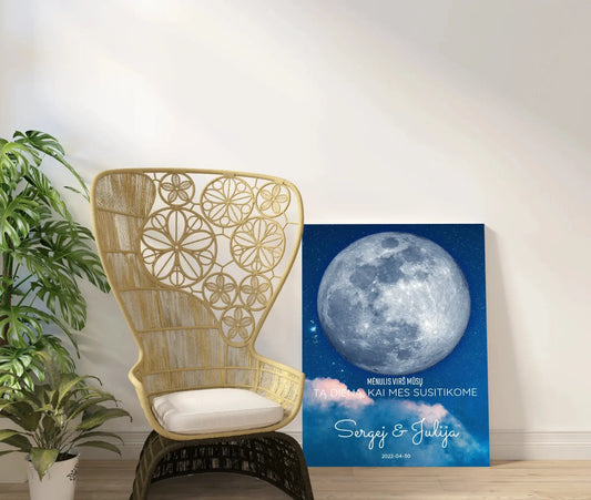 Personalizuotas mėnulio fazės spaudinys ant drobės, pritaikytas pagal datą ir vietą MNFZ-002  Drobe -  dovanokis.lt