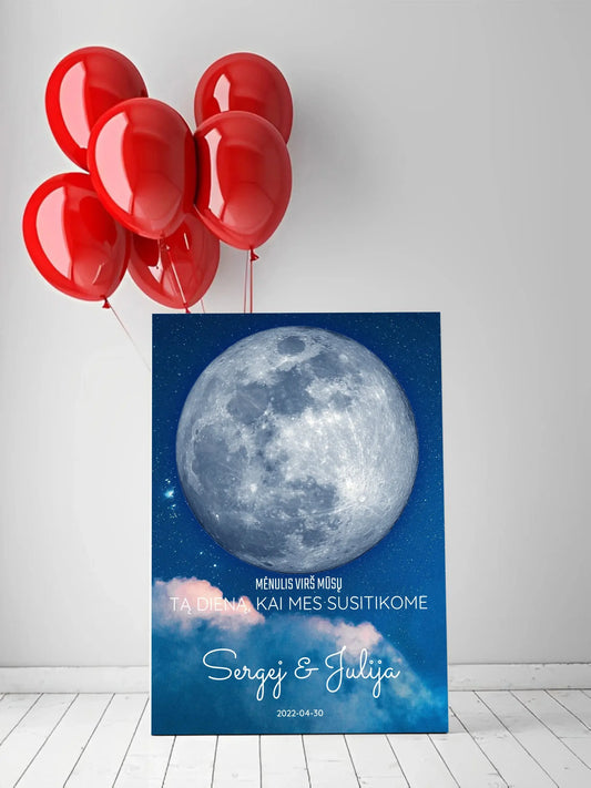 Personalizuotas mėnulio fazės spaudinys ant drobės, pritaikytas pagal datą ir vietą MNFZ-002  Drobe -  dovanokis.lt