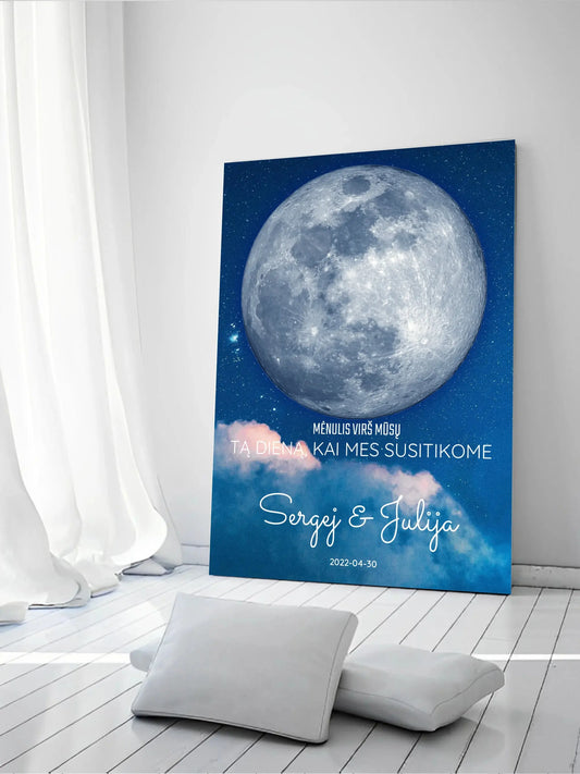 Personalizuotas mėnulio fazės spaudinys ant drobės, pritaikytas pagal datą ir vietą MNFZ-002  Drobe -  dovanokis.lt