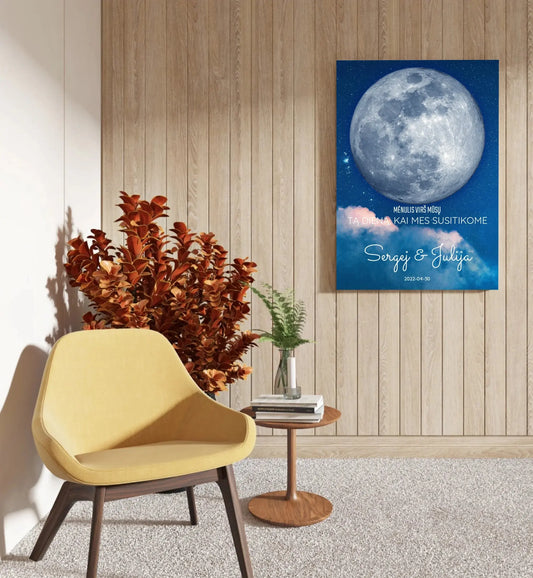 Personalizuotas mėnulio fazės spaudinys ant drobės, pritaikytas pagal datą ir vietą MNFZ-002  Drobe -  dovanokis.lt