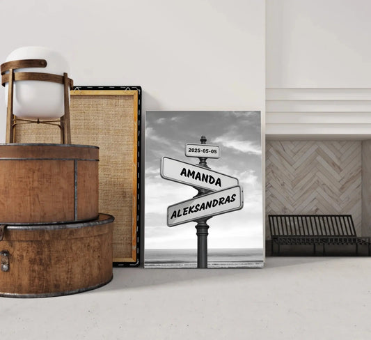 Personalizuotas gatvės ženklas su vardais ant drobės  Drobe -  dovanokis.lt