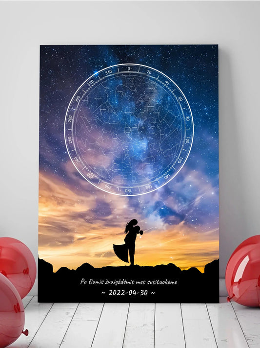 Personalizuotas žvaigždžių žemėlapis ant drobės, su vestuvių dienos pasirinktu siluetu  Drobe -  dovanokis.lt