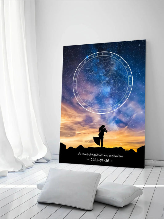 Personalizuotas žvaigždžių žemėlapis ant drobės, su vestuvių dienos pasirinktu siluetu  Drobe -  dovanokis.lt