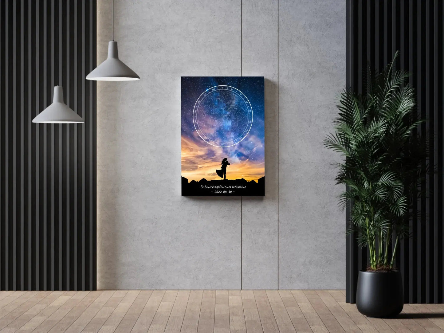 Personalizuotas žvaigždžių žemėlapis ant drobės, su vestuvių dienos pasirinktu siluetu  Drobe -  dovanokis.lt