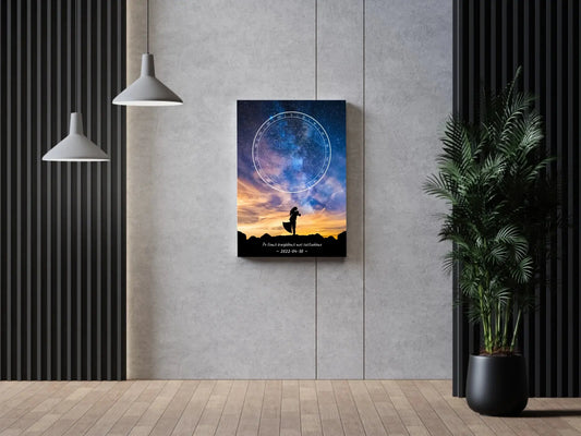 Personalizuotas žvaigždžių žemėlapis ant drobės, su vestuvių dienos pasirinktu siluetu  Drobe -  dovanokis.lt