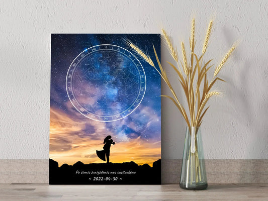 Personalizuotas žvaigždžių žemėlapis ant drobės, su vestuvių dienos pasirinktu siluetu  Drobe -  dovanokis.lt