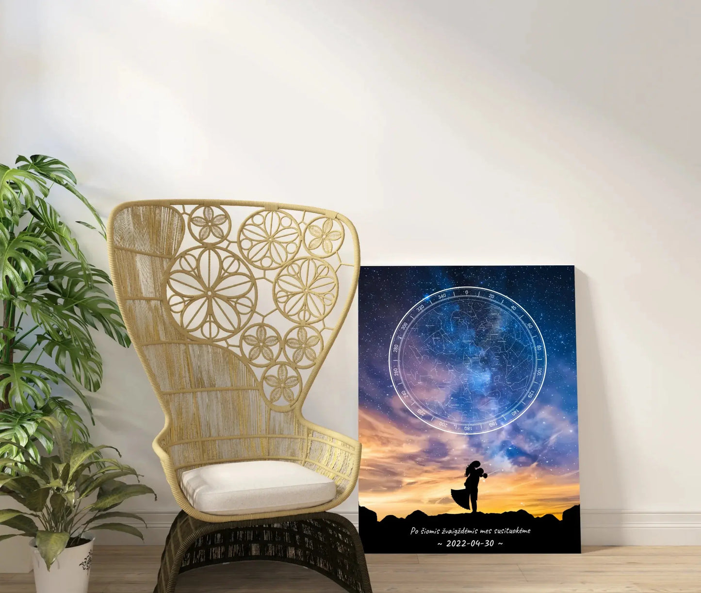 Personalizuotas žvaigždžių žemėlapis ant drobės, su vestuvių dienos pasirinktu siluetu  Drobe -  dovanokis.lt