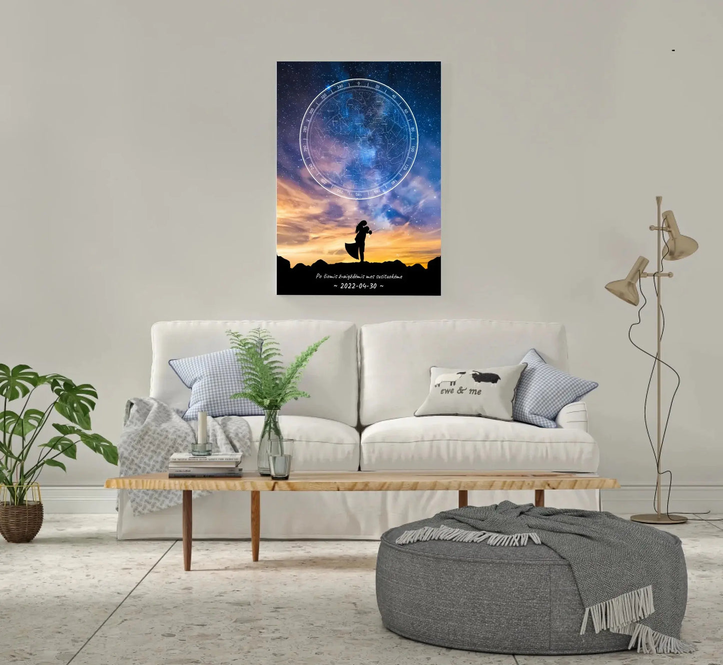 Personalizuotas žvaigždžių žemėlapis ant drobės, su vestuvių dienos pasirinktu siluetu  Drobe -  dovanokis.lt