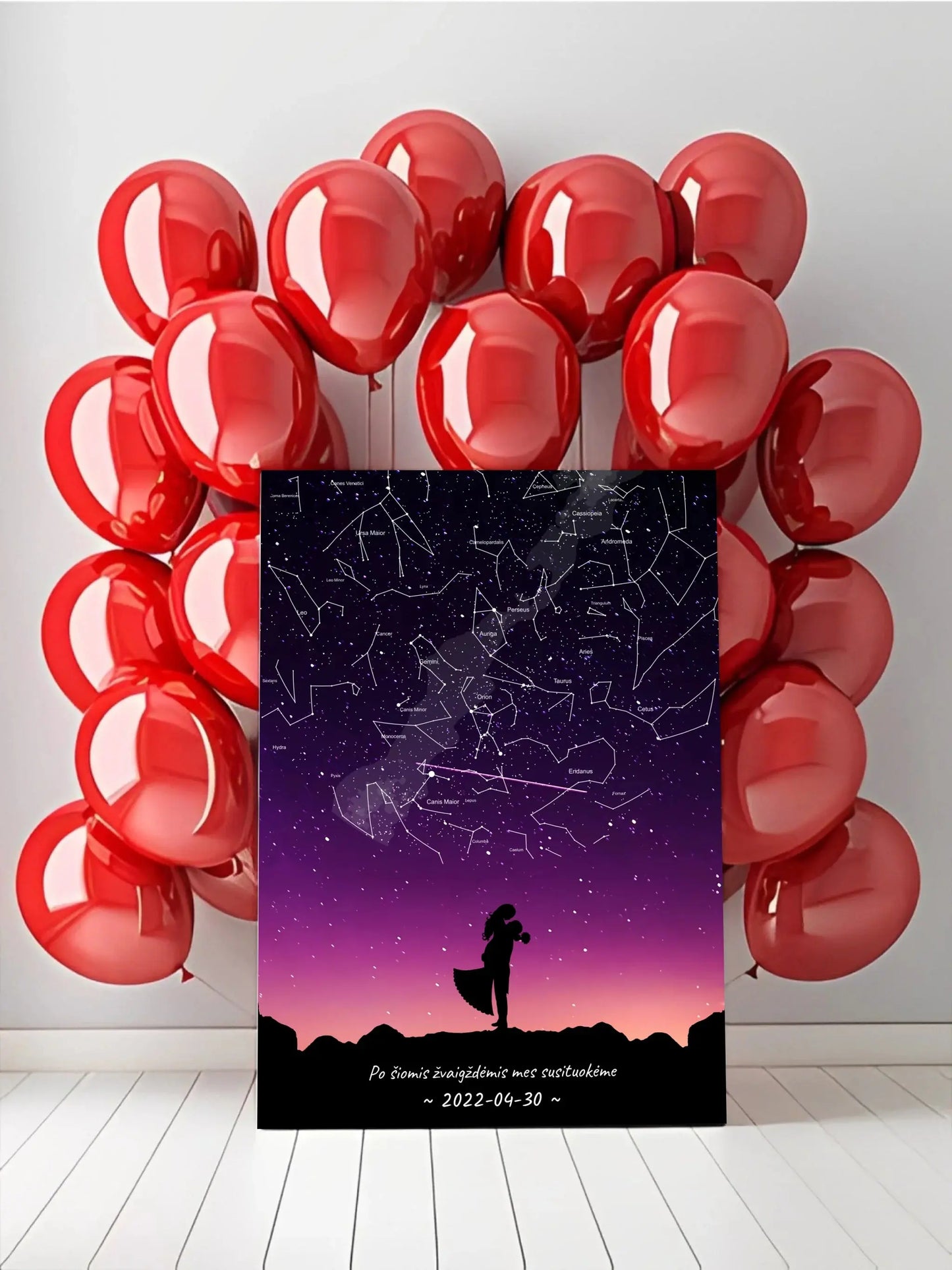 Personalizuotas viso spektro žvaigždžių žemėlapis ant drobės, su Vestuvių dienos pasirinktu siluetu  Drobe -  dovanokis.lt