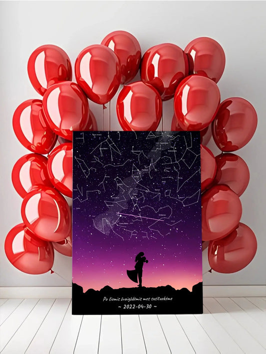 Personalizuotas viso spektro žvaigždžių žemėlapis ant drobės, su Vestuvių dienos pasirinktu siluetu  Drobe -  dovanokis.lt