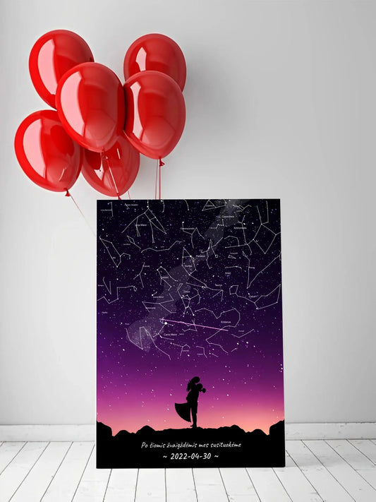 Personalizuotas viso spektro žvaigždžių žemėlapis ant drobės, su Vestuvių dienos pasirinktu siluetu  Drobe -  dovanokis.lt