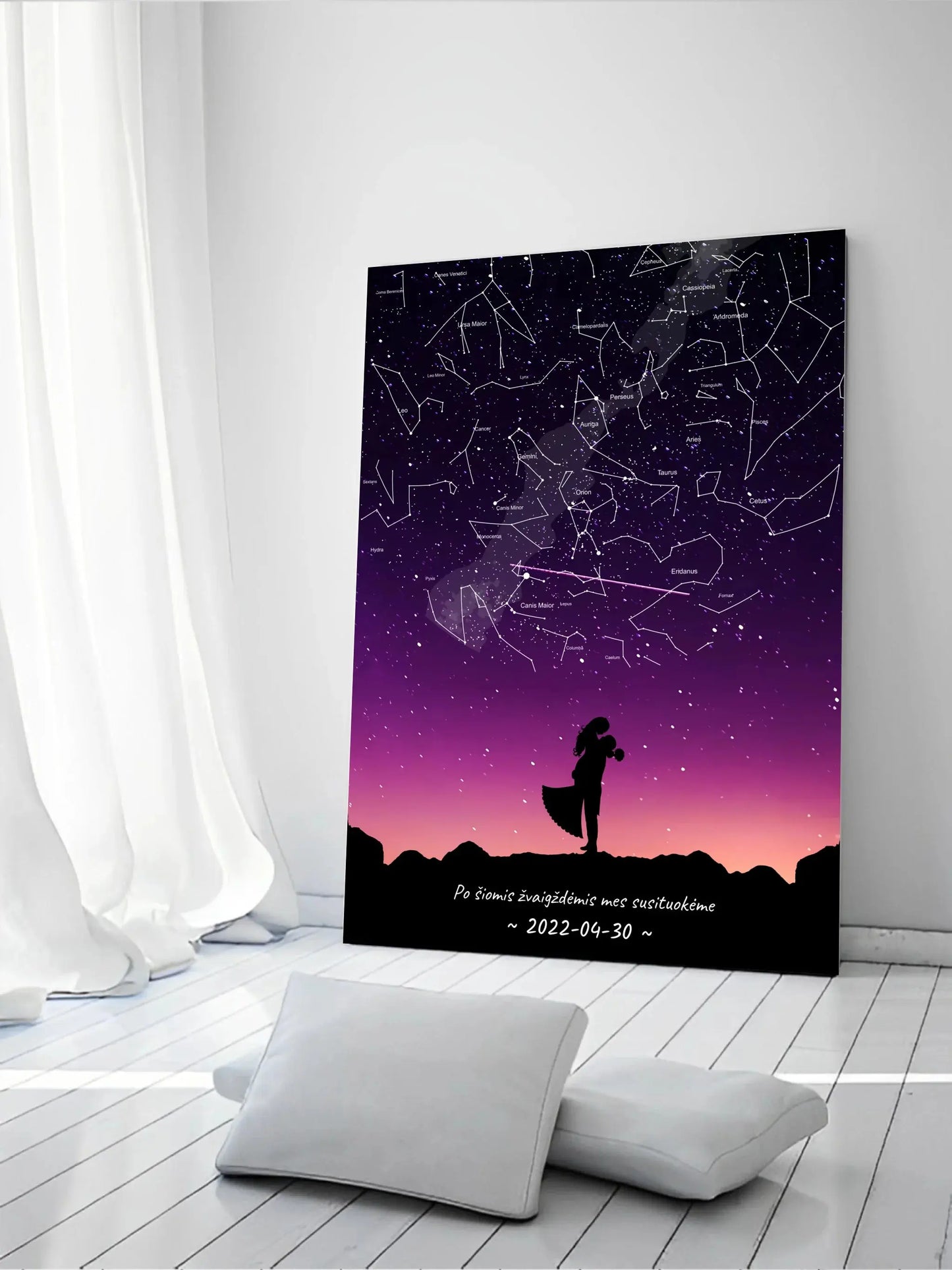 Personalizuotas viso spektro žvaigždžių žemėlapis ant drobės, su Vestuvių dienos pasirinktu siluetu  Drobe -  dovanokis.lt