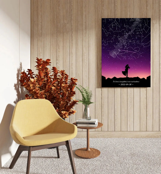 Personalizuotas viso spektro žvaigždžių žemėlapis ant drobės, su Vestuvių dienos pasirinktu siluetu  Drobe -  dovanokis.lt