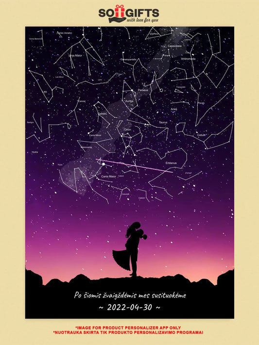 Personalizuotas viso spektro žvaigždžių žemėlapis ant drobės, su Vestuvių dienos pasirinktu siluetu  Drobe -  dovanokis.lt