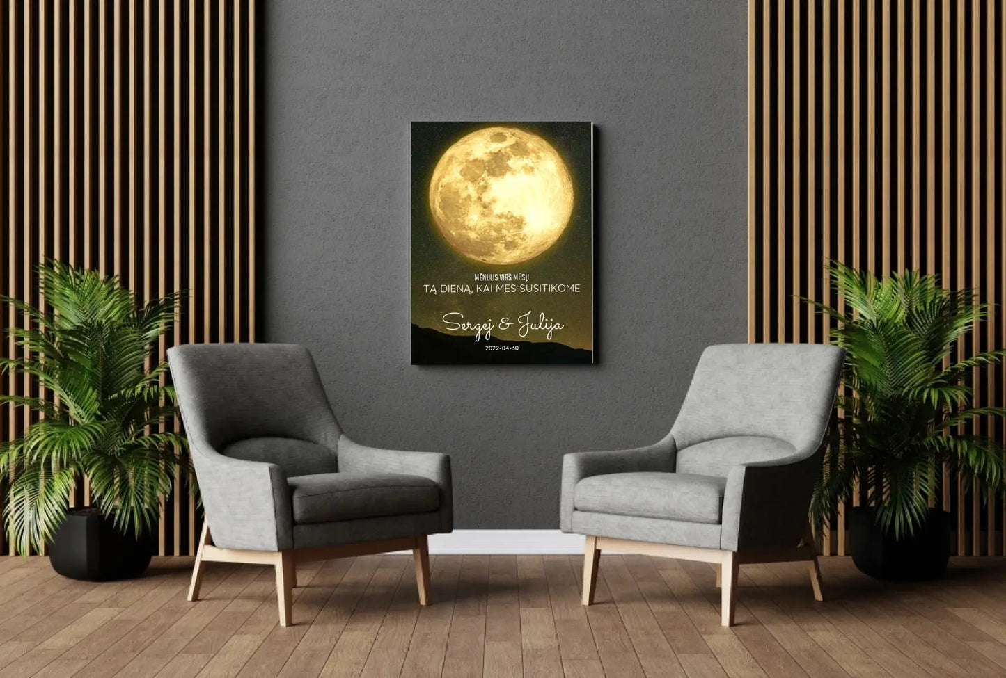 Personalizuotas mėnulio fazės spaudinys ant drobės, pritaikytas pagal datą ir vietą MNFZ-003  Drobe -  dovanokis.lt