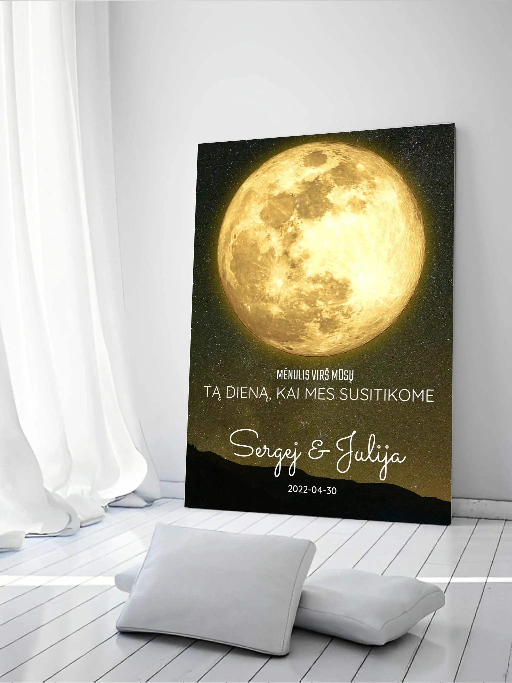 Personalizuotas mėnulio fazės spaudinys ant drobės, pritaikytas pagal datą ir vietą MNFZ-003  Drobe -  dovanokis.lt