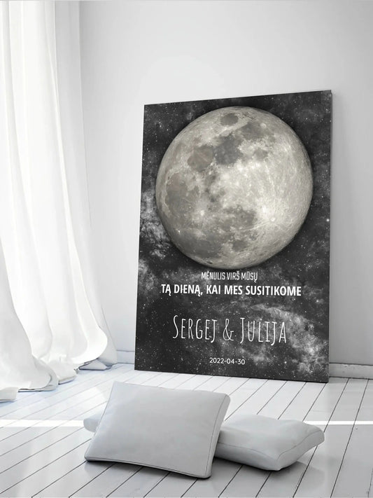 Personalizuotas mėnulio fazės spaudinys ant drobės, pritaikytas pagal datą ir vietą MNFZ-001  Drobe -  dovanokis.lt