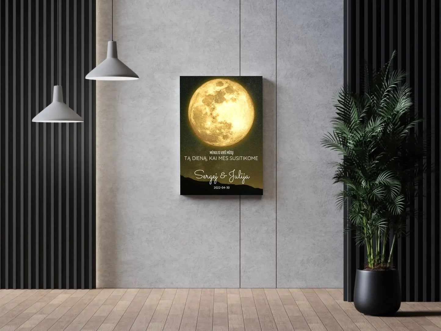 Personalizuotas mėnulio fazės spaudinys ant drobės, pritaikytas pagal datą ir vietą MNFZ-003  Drobe -  dovanokis.lt