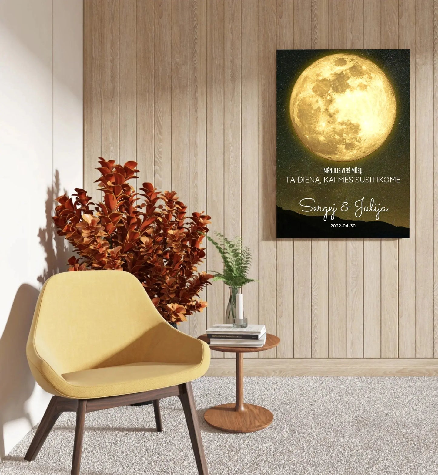 Personalizuotas mėnulio fazės spaudinys ant drobės, pritaikytas pagal datą ir vietą MNFZ-003  Drobe -  dovanokis.lt