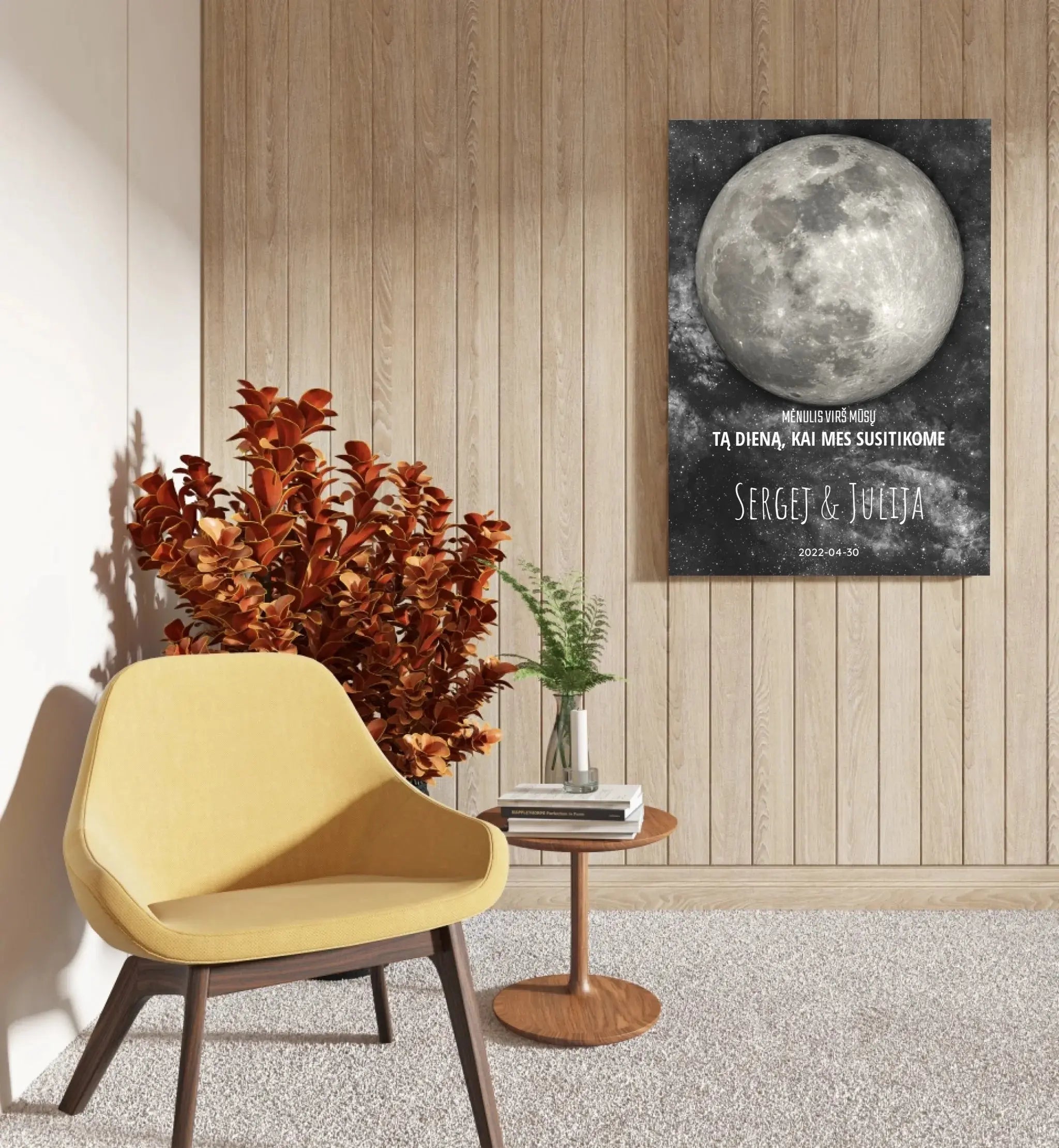 Personalizuotas mėnulio fazės spaudinys ant drobės, pritaikytas pagal datą ir vietą MNFZ-001  Drobe -  dovanokis.lt