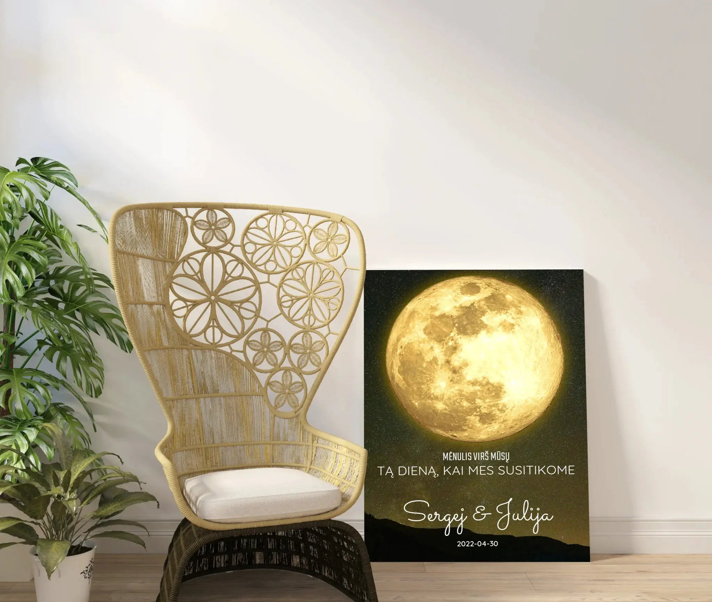 Personalizuotas mėnulio fazės spaudinys ant drobės, pritaikytas pagal datą ir vietą MNFZ-003  Drobe -  dovanokis.lt