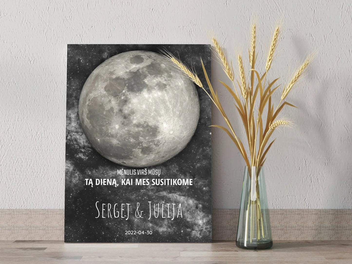 Personalizuotas mėnulio fazės spaudinys ant drobės, pritaikytas pagal datą ir vietą MNFZ-001  Drobe -  dovanokis.lt