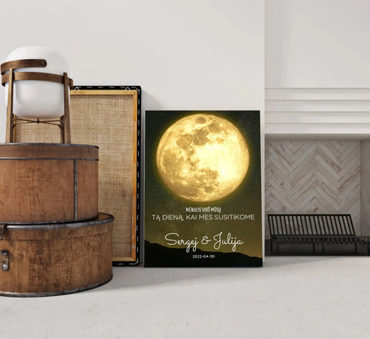 Personalizuotas mėnulio fazės spaudinys ant drobės, pritaikytas pagal datą ir vietą MNFZ-003  Drobe -  dovanokis.lt