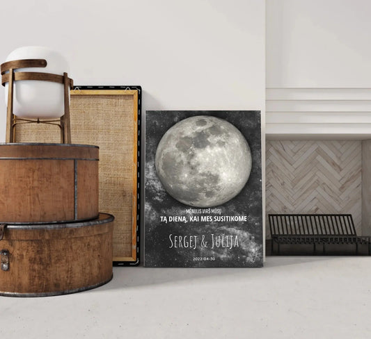 Personalizuotas mėnulio fazės spaudinys ant drobės, pritaikytas pagal datą ir vietą MNFZ-001  Drobe -  dovanokis.lt