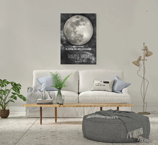 Personalizuotas mėnulio fazės spaudinys ant drobės, pritaikytas pagal datą ir vietą MNFZ-001  Drobe -  dovanokis.lt