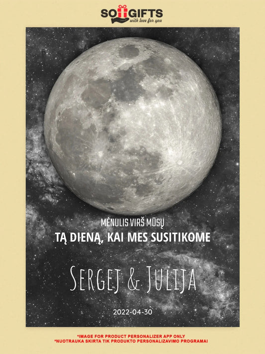 Personalizuotas mėnulio fazės spaudinys ant drobės, pritaikytas pagal datą ir vietą MNFZ-001  Drobe -  dovanokis.lt