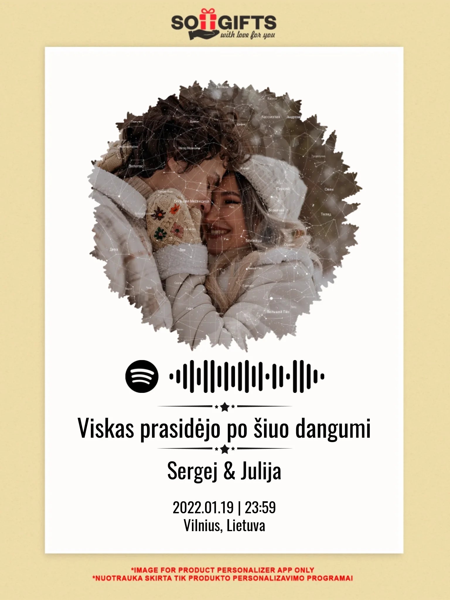 Personalizuotas žvaigždžių žemėlapis su skirtingomis formomis ir jūsų nuotrauka bei „Spotify“ kodu  Drobe -  dovanokis.lt